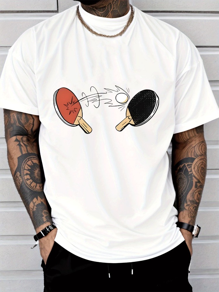 Table Tennis Outfit Male - Herren Sommer T-Shirt mit Cartoon-Tischtennis-Print, Weiches